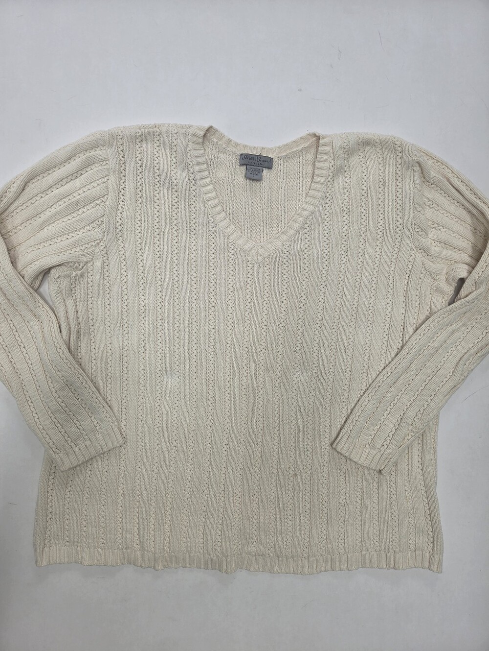 VTG Eddie Bauer Cream Cotton Cable Knit Fisherman Knit Pullover Sweater 90s L